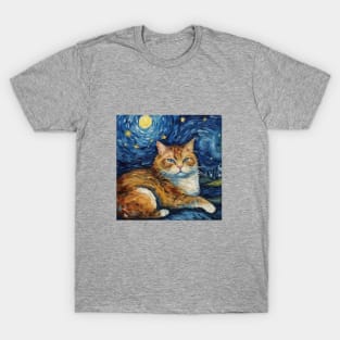 Orange Cat Enjoys City View under Starry Sky and Full Moon T-Shirt